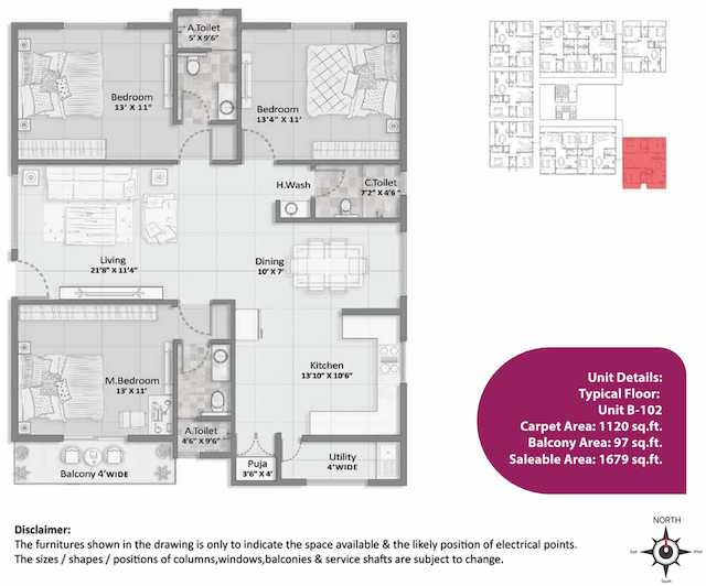 Elegant Aura - 3 BHK Floor Plan