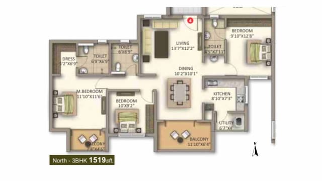 Meda East Winds - 3 BHK Floor Plan