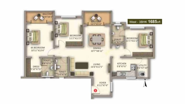 Meda East Winds - 3 BHK Floor Plan