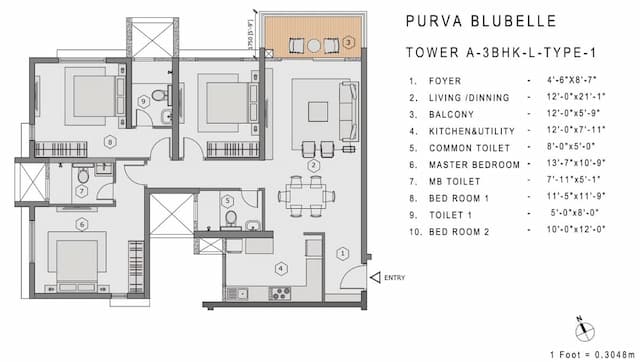 Purva Bluebelle - 3BHK Floor Plan