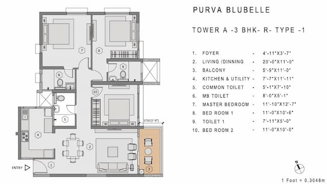 Purva Bluebelle - 3BHK Floor Plan