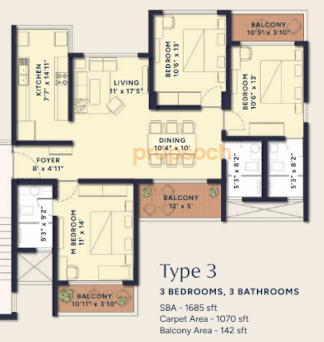 Ranka Ankura - 3BHK Floor Plan