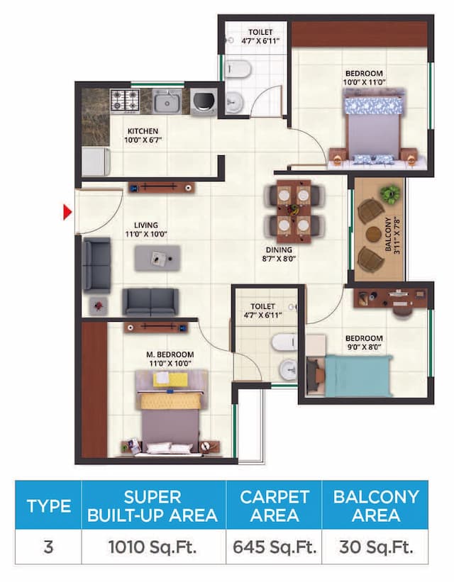 Sattva Aeropolis - 3 BHK Floor Plan