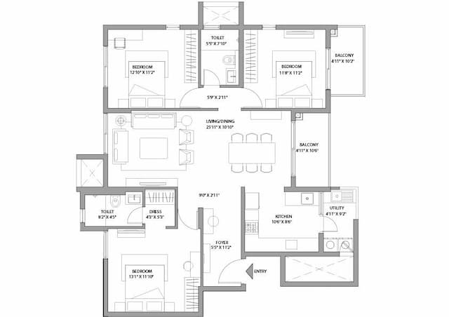 22 & CREST - 3 BHK Floor Plan