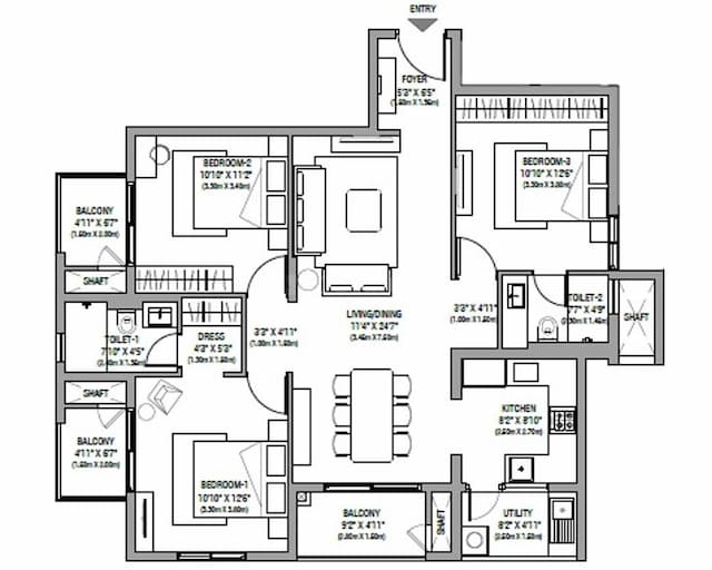 22 & CREST - 3 BHK Floor Plan