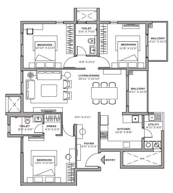 22 & CREST - 3 BHK Floor Plan
