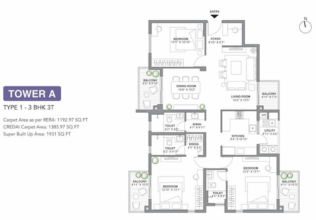 22 & CREST - 3 BHK Floor Plan