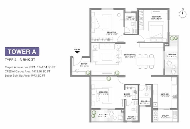 22 & CREST - 3 BHK Floor Plan