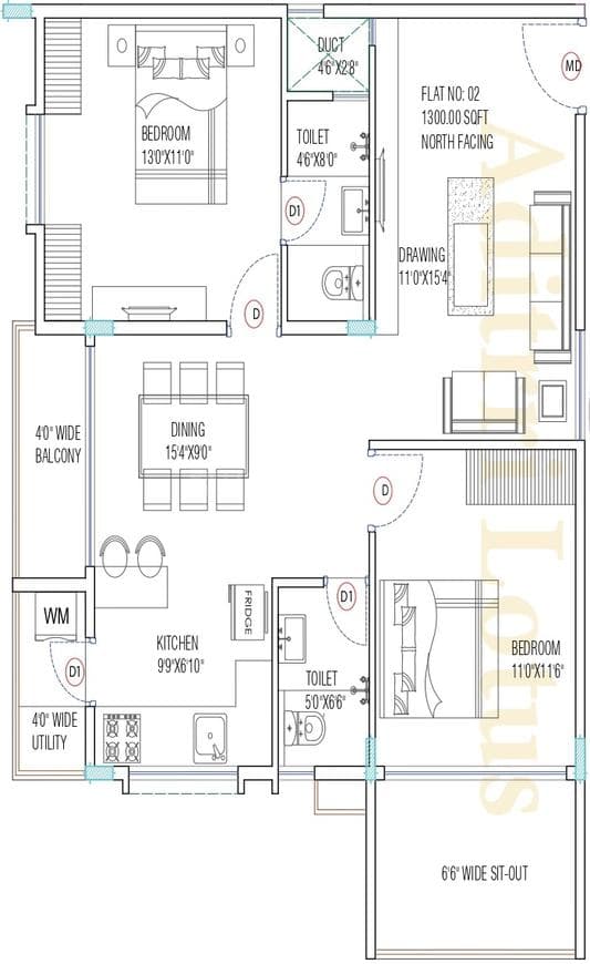Aditrri Lotus - 2 BHK Floor Plan