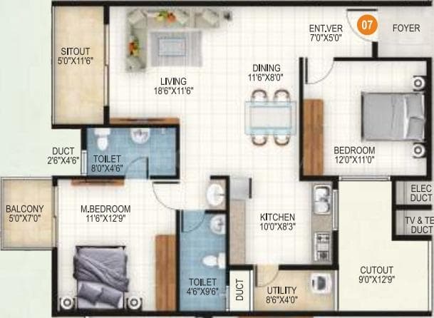 Aryan 1 Celeste - 2 BHK Floor Plan