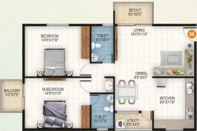 Aryan 1 Celeste - 2 BHK Floor Plan