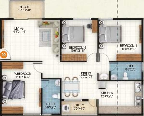 Aryan 1 Celeste - 3 BHK Floor Plan