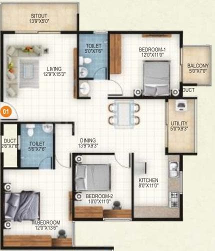 Aryan 1 Celeste - 3 BHK Floor Plan