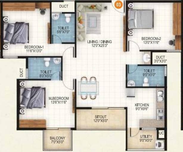 Aryan 1 Celeste - 3 BHK Floor Plan