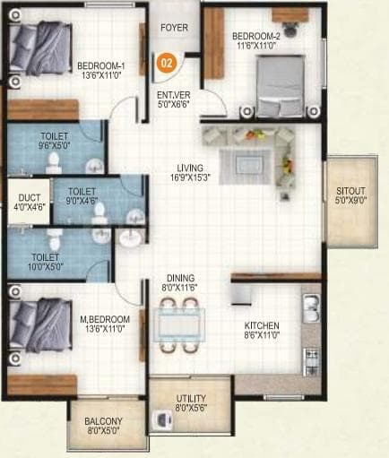 Aryan 1 Celeste - 3 BHK Floor Plan