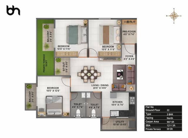 Bhavisha Meadows Phase 2 - 3 BHK Floor Plan