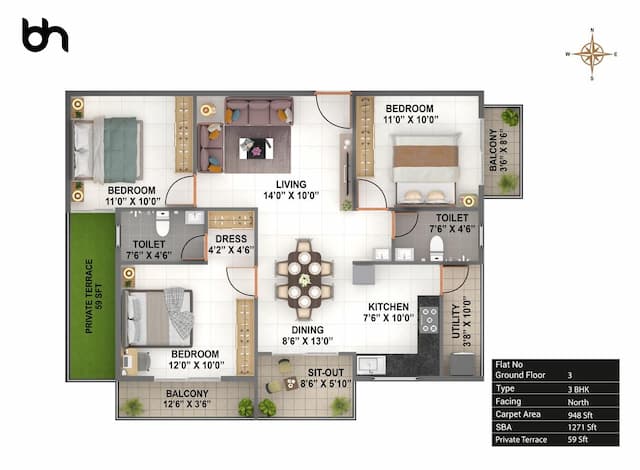 Bhavisha Meadows Phase 2 - 3 BHK Floor Plan
