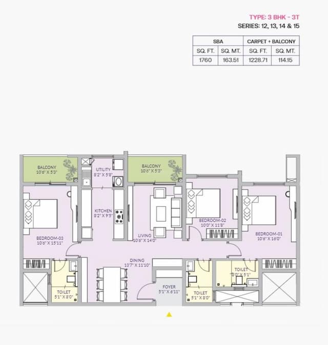 Century Liva Codename Unbelievable - 3 BHK Floor Plan