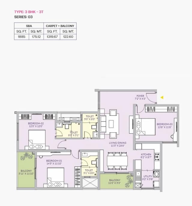 Century Liva Codename Unbelievable - 3 BHK Floor Plan