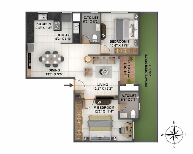 Coevolve Florenza - 2 BHK Floor Plan
