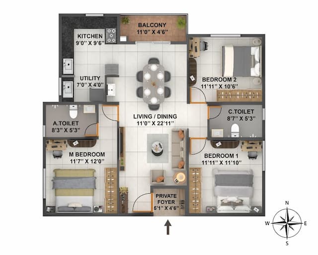 Coevolve Florenza - 3 BHK Floor Plan