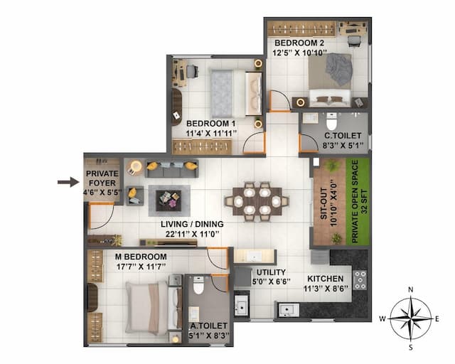 Coevolve Florenza - 3 BHK Floor Plan