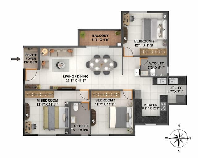 Coevolve Florenza - 3 BHK Floor Plan