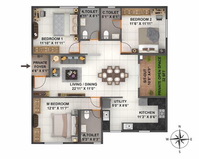 Coevolve Florenza - 3 BHK Floor Plan