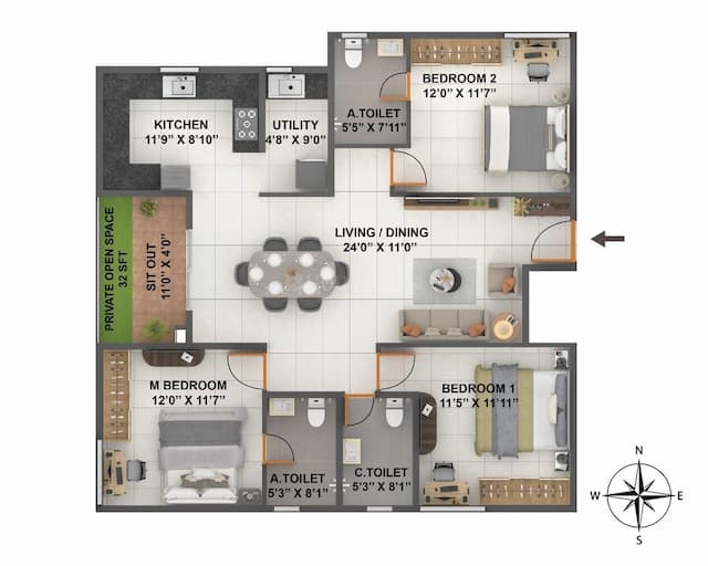 Coevolve Florenza - 3 BHK Floor Plan