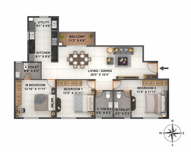 Coevolve Florenza - 3 BHK Floor Plan
