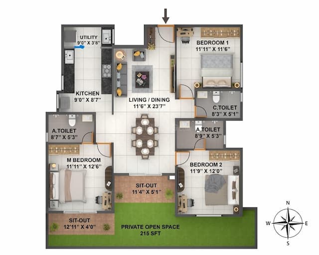 Coevolve Florenza - 3 BHK Floor Plan