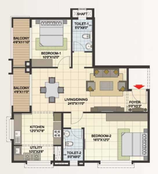 Elegant Hermitage - 2 BHK Floor Plan