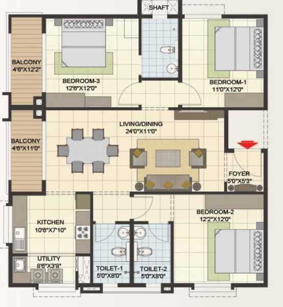 Elegant Hermitage - 3 BHK Floor Plan