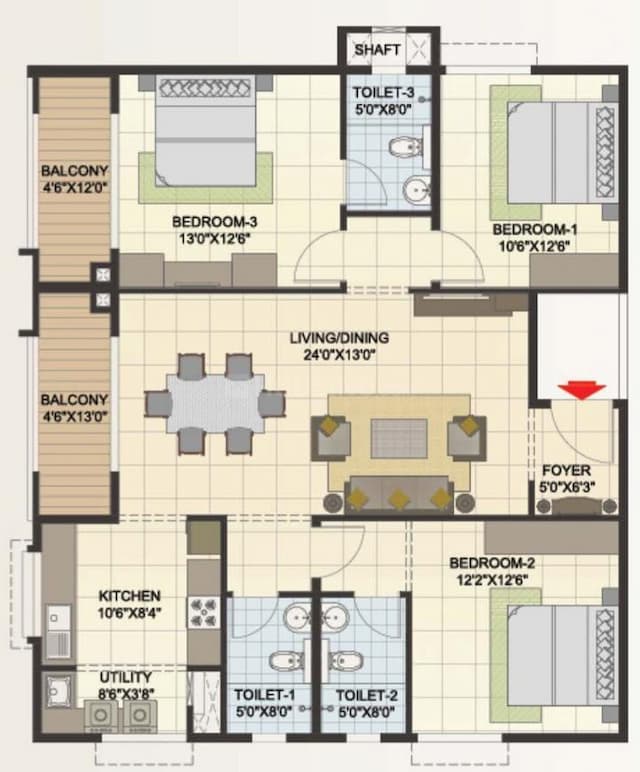 Elegant Hermitage - 3 BHK Floor Plan