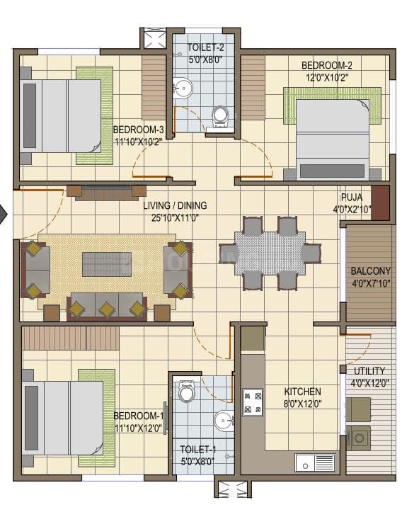 Elegant Tranquility - 3 BHK Floor Plan