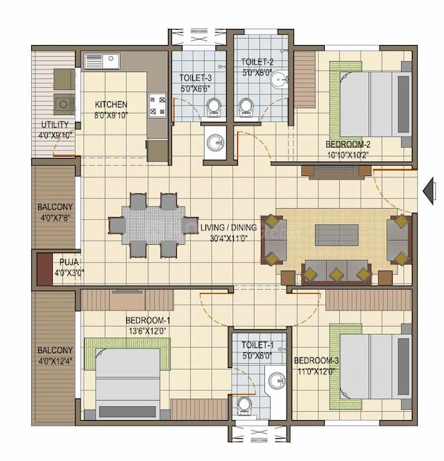 Elegant Tranquility - 3 BHK Floor Plan