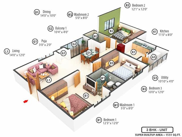 Elegant Tranquility - 3 BHK Floor Plan