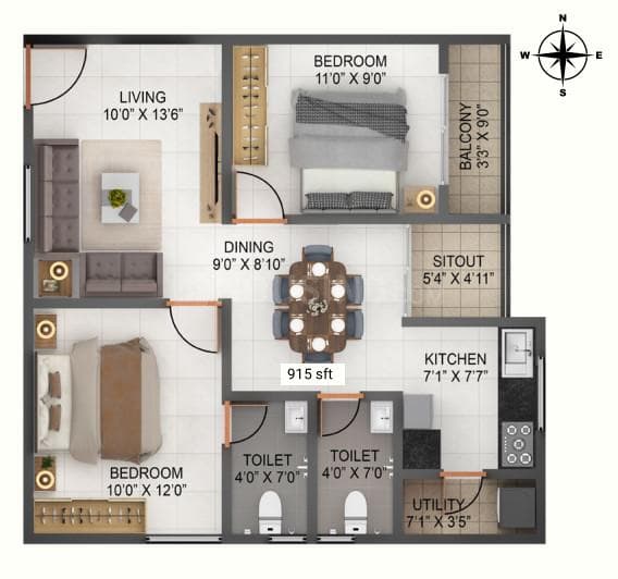 Falcon - 2 BHK Floor Plan