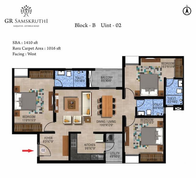 GR Samskruthi - 3 BHK Floor Plan