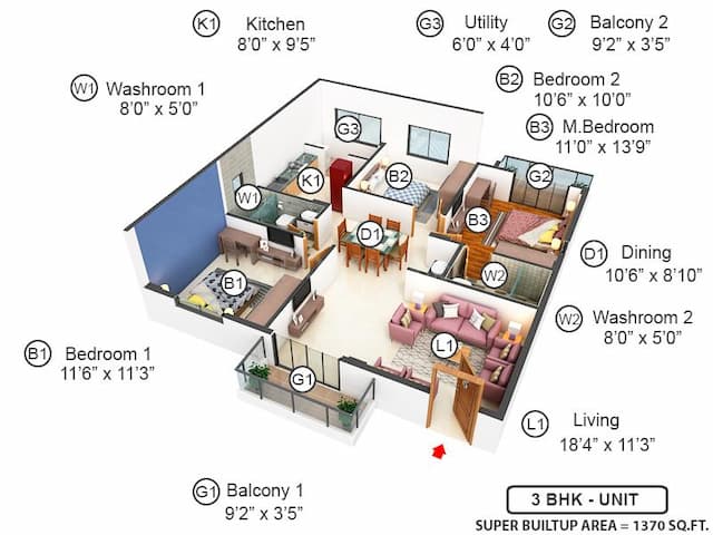 GR Sitara - 3 BHK Floor Plan