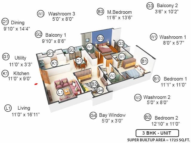 GR Sitara - 3 BHK Floor Plan