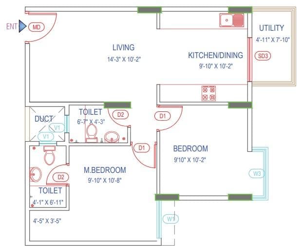 Green Boulevard - 2 BHK Floor Plan