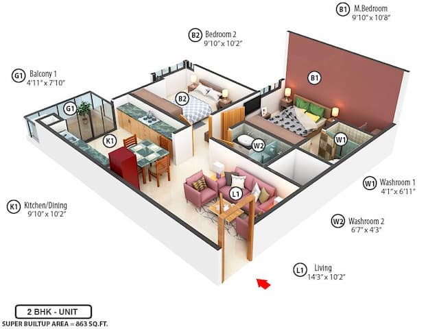 Green Boulevard - 2 BHK Floor Plan