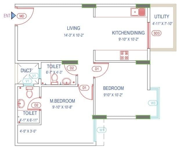 Green Boulevard - 2 BHK Floor Plan