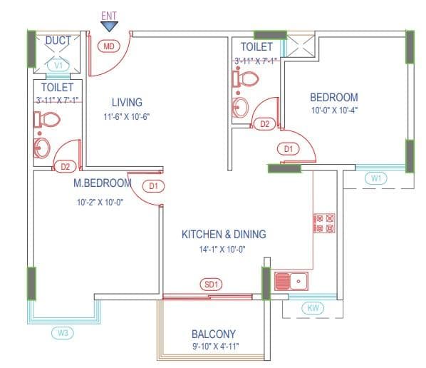Green Boulevard - 2 BHK Floor Plan