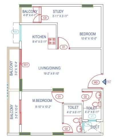Green Boulevard - 2 BHK Floor Plan