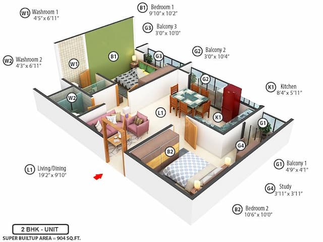 Green Boulevard - 2 BHK Floor Plan