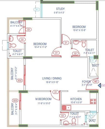 Green Boulevard - 3 BHK Floor Plan