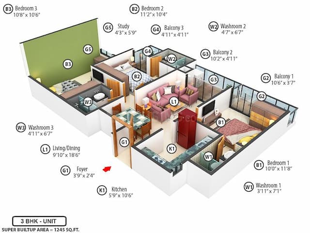 Green Boulevard - 3 BHK Floor Plan