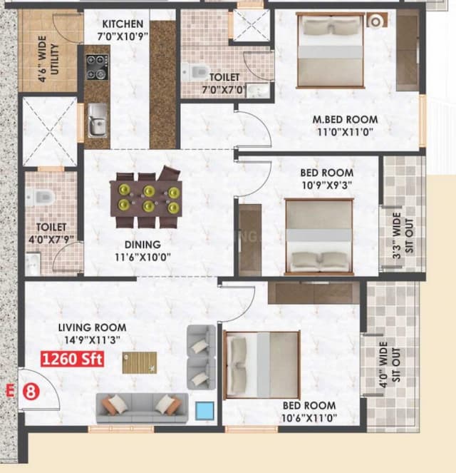 Habulus Sai Elite Apartment - 3 BHK Floor Plan